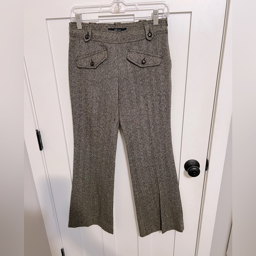 Zara Wool Blend Tweed Brown Dress Pants Flare Leg Size 2